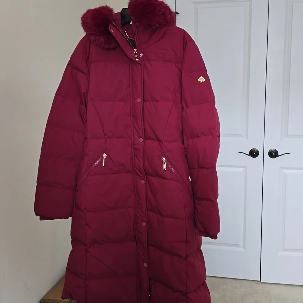 Kate Spade Long Parka With Faux Fur Trim Coat, Blackberry Preserves